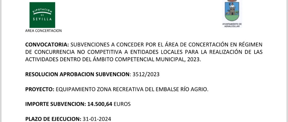 SUBVENCION 35122023 PROYECTO EQUIPAMIENTO ZONA RECREATIVA DEL EMBALSE RÍO AGRIO